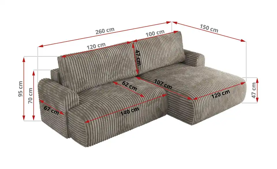 Ecksofa Tono mit Schlaffunktion, Bemaßung