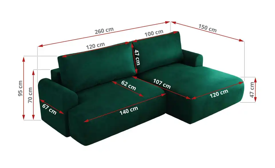 Ecksofa Tono mit Schlaffunktion, Bemaßung