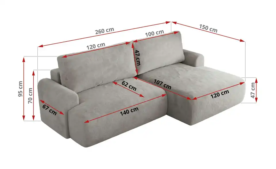 Ecksofa Tono mit Schlaffunktion, Bemaßung