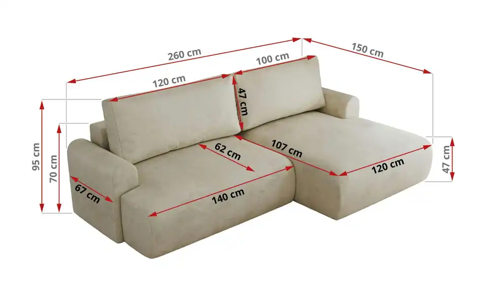 Ecksofa Tono mit Schlaffunktion, Bemaßung