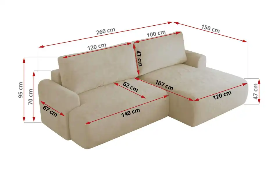 Ecksofa Tono mit Schlaffunktion, Bemaßung