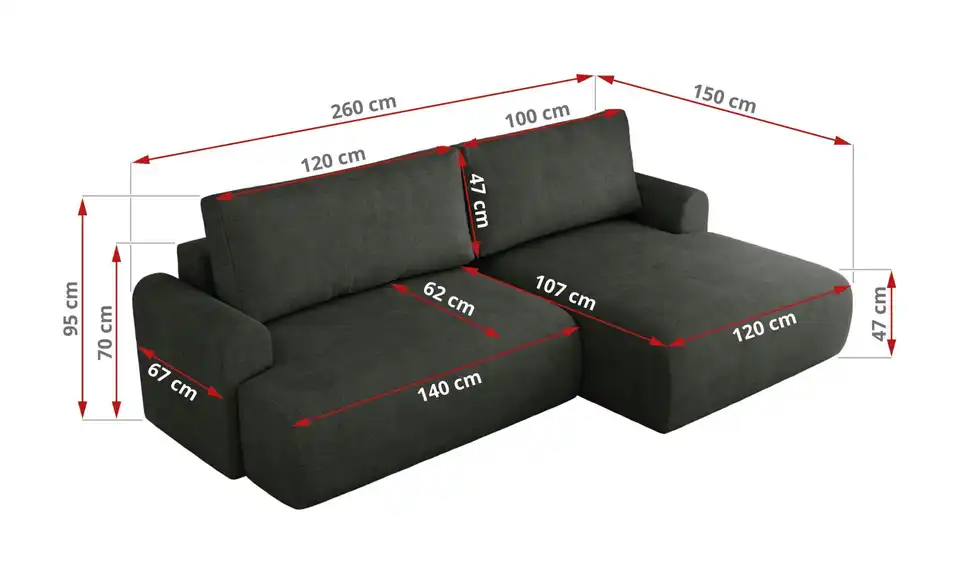 Ecksofa Tono mit Schlaffunktion, Bemaßung