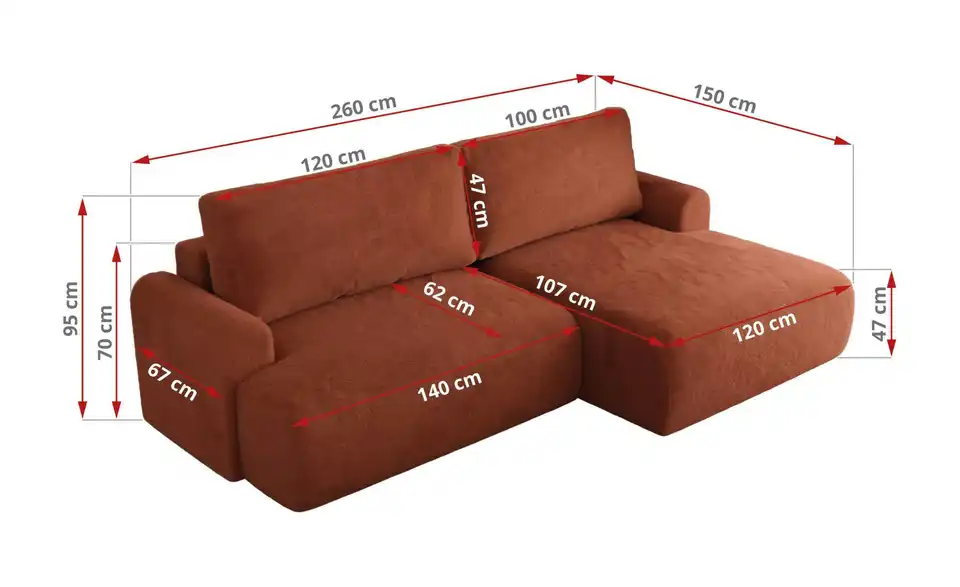 Ecksofa Tono mit Schlaffunktion, Bemaßung