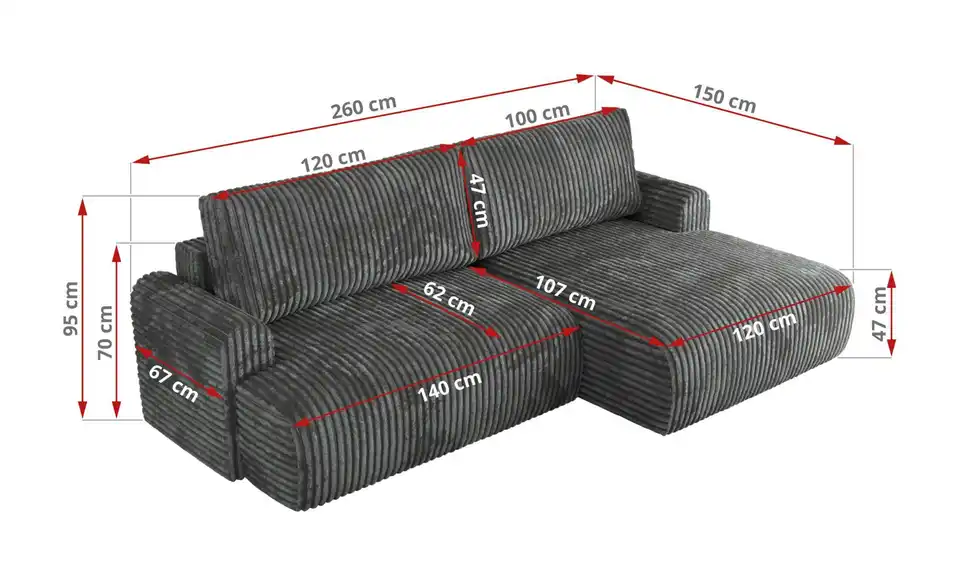 Ecksofa Tono mit Schlaffunktion, Bemaßung
