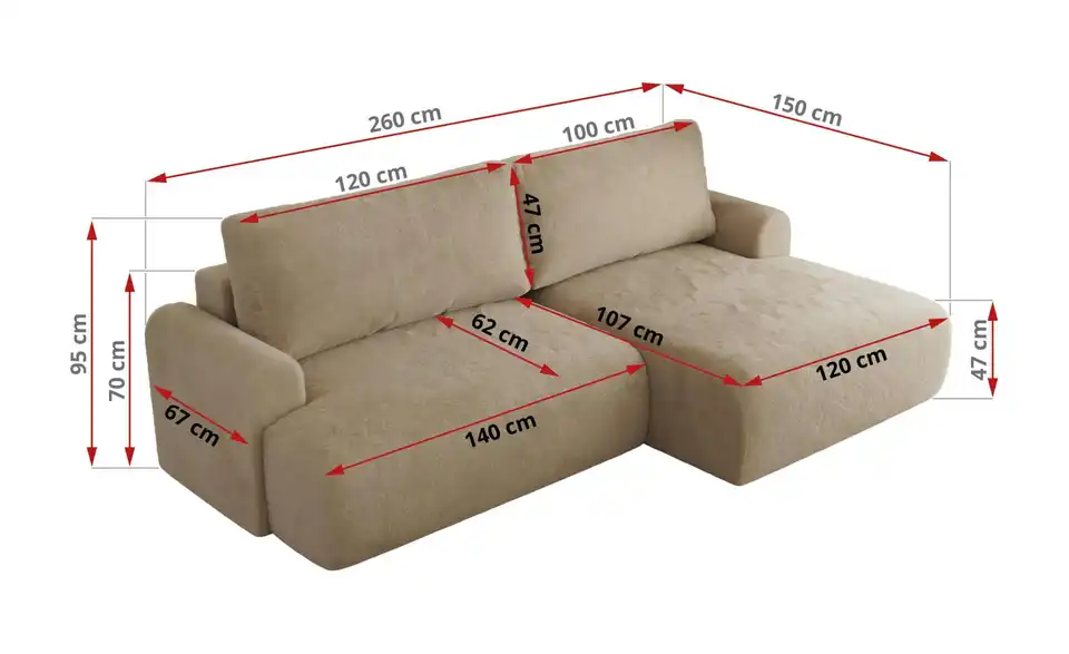 Ecksofa Tono mit Schlaffunktion, Bemaßung