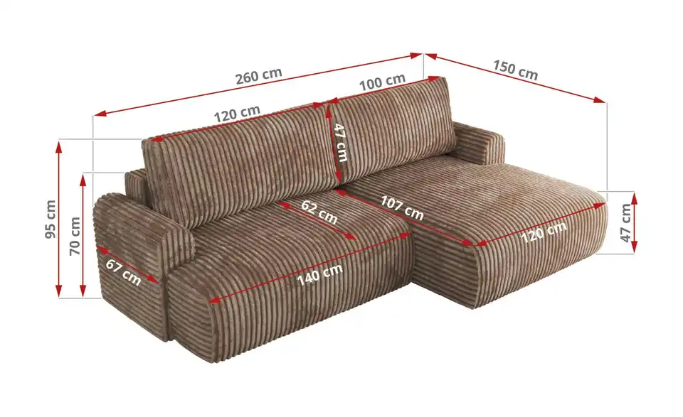 Ecksofa Tono mit Schlaffunktion, Bemaßung