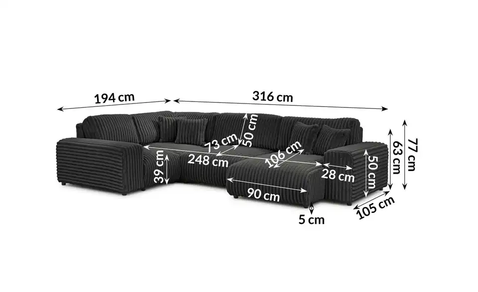 S-STYLE Wohnlandschaft XXL Mollis, Bemaßung