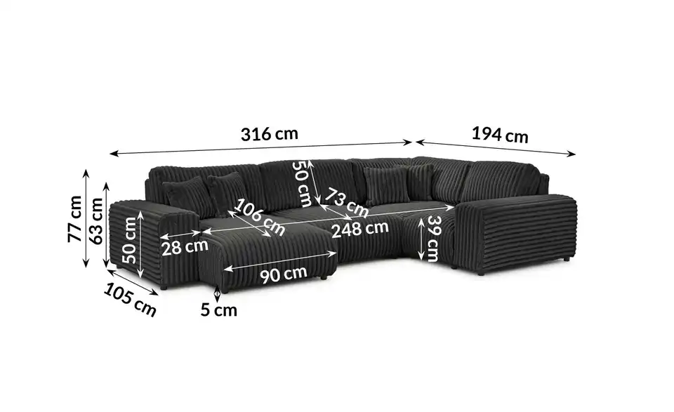 S-STYLE Wohnlandschaft XXL Mollis, Bemaßung