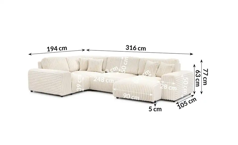 S-STYLE Wohnlandschaft XXL Mollis, Bemaßung