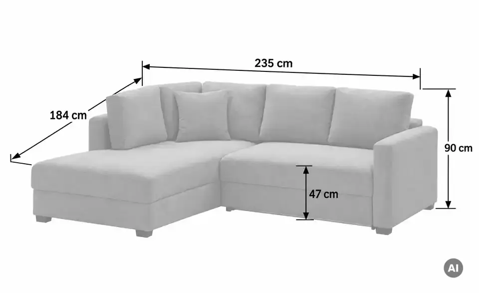 Ecksofa mit Boxspringpolsterung, Bemaßung