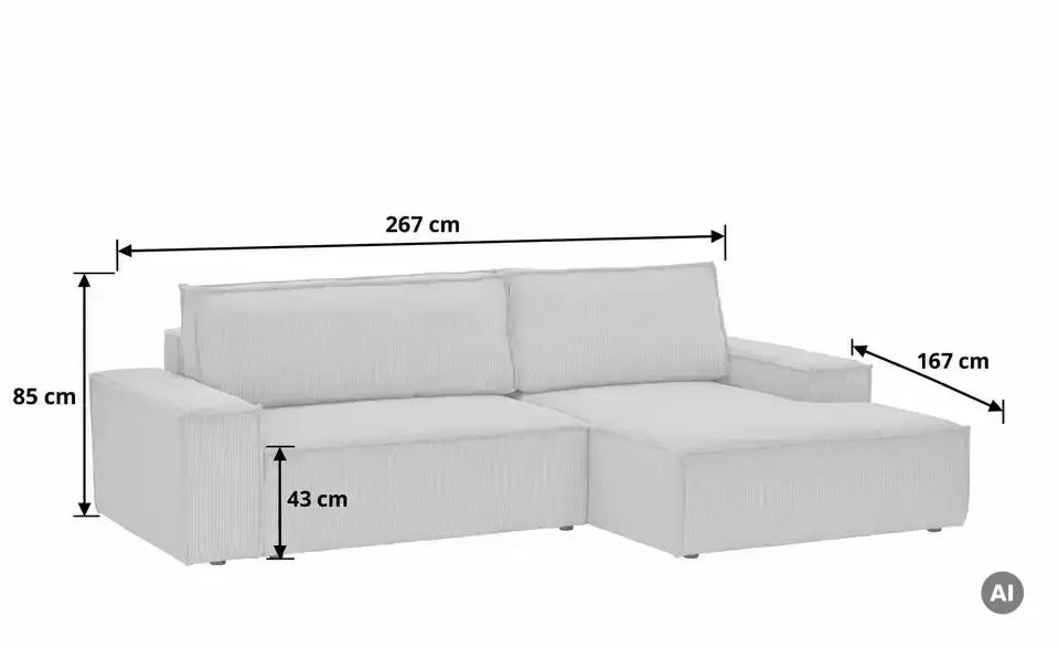Primo Ecksofa Fjord mit Schlaffunktion, Bemaßung