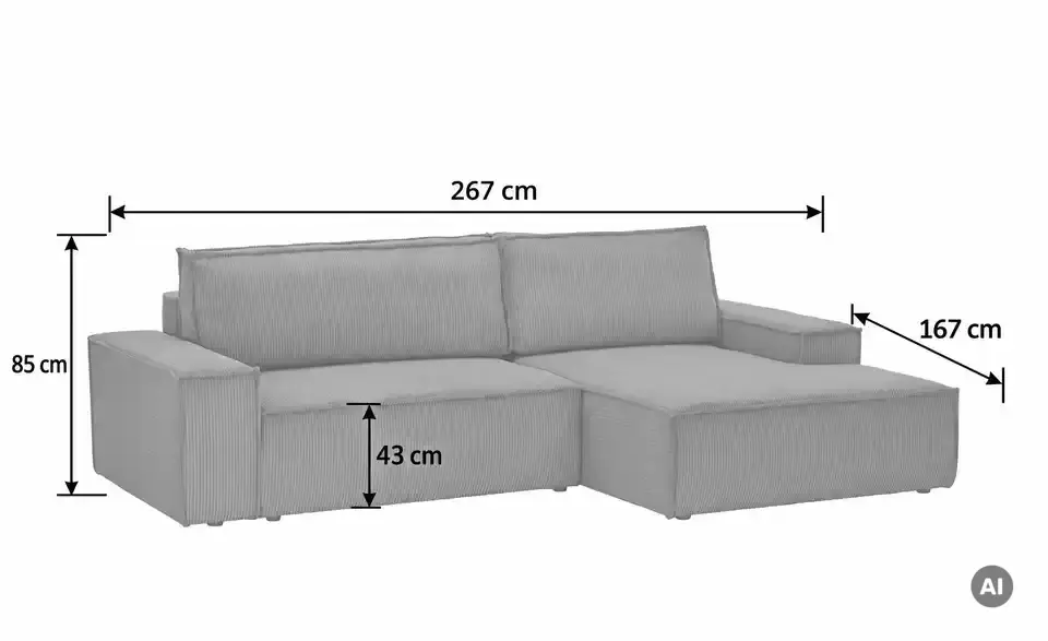 Primo Ecksofa Fjord mit Schlaffunktion, Bemaßung