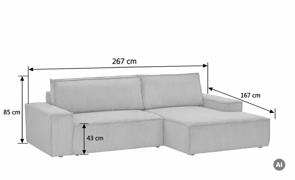 Primo Ecksofa Fjord mit Schlaffunktion, Bemaßung