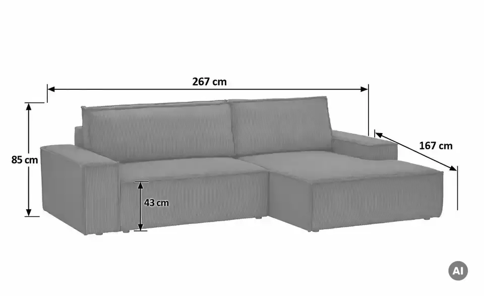 Primo Ecksofa Fjord mit Schlaffunktion, Bemaßung