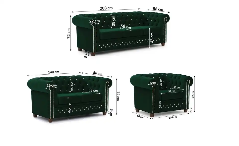 S-STYLE Chesterfield Polstergarnitur 3+2+1 Cleo Blink, Bemaßung