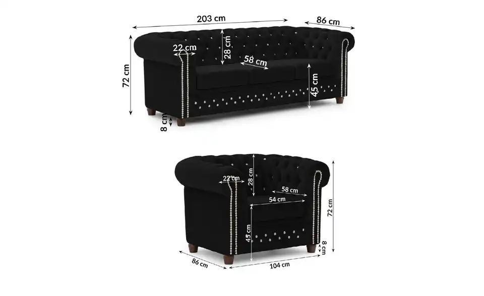 S-STYLE Chesterfield Polestergarnitur 3+1 Cleo Blink, Bemaßung