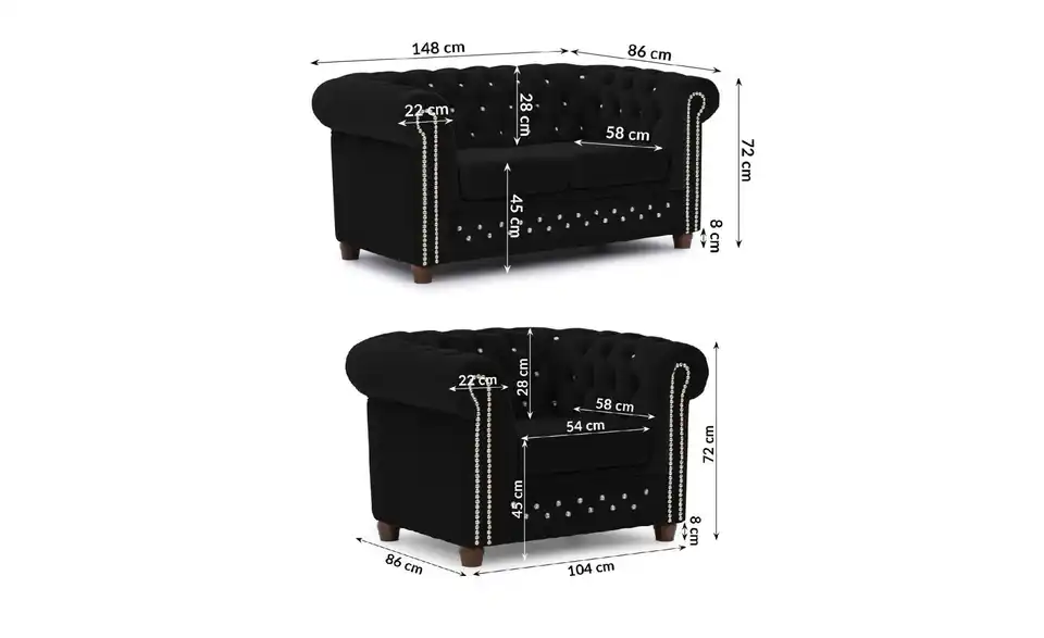 S-STYLE Chesterfield Polstergarnitur 2+1 Cleo Blink, Bemaßung