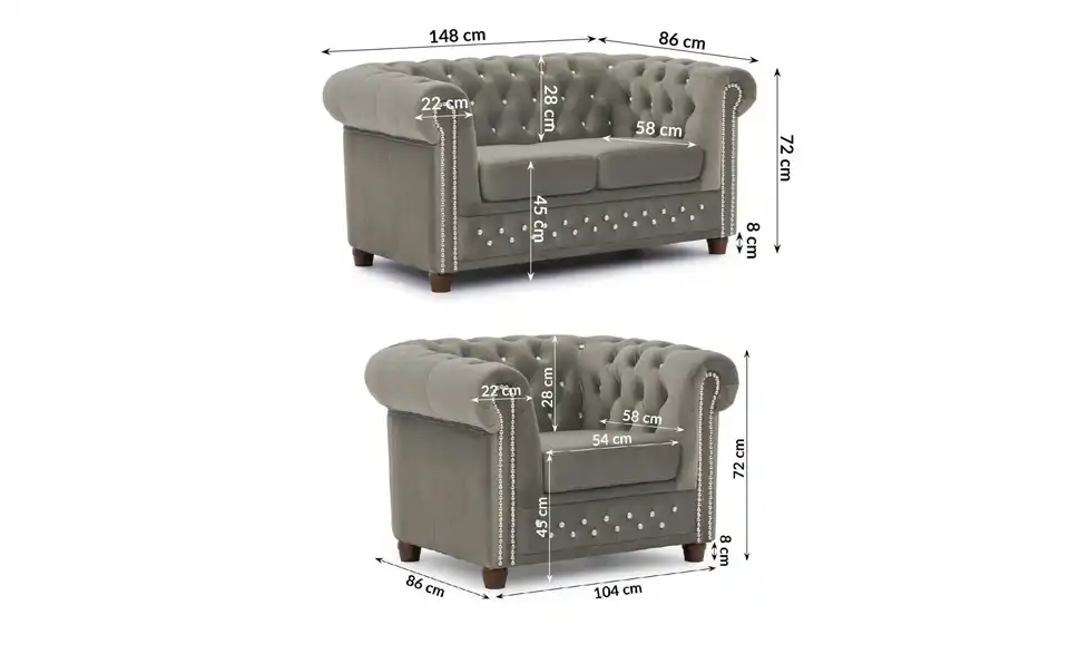 S-STYLE Chesterfield Polstergarnitur 2+1 Cleo Blink, Bemaßung