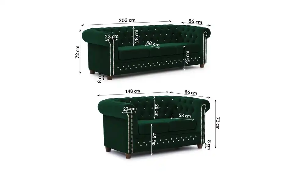 S-STYLE Chesterfield Polstergarnitur 3+2 Cleo Blink, Bemaßung