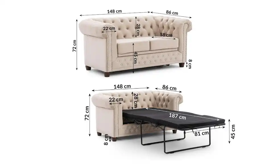 S-STYLE Chesterfield Einzelsofa Cleo Blink, Bemaßung