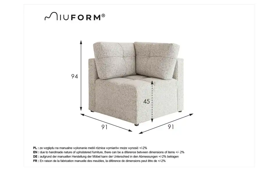 Miuform Eckmodul, Bemaßung