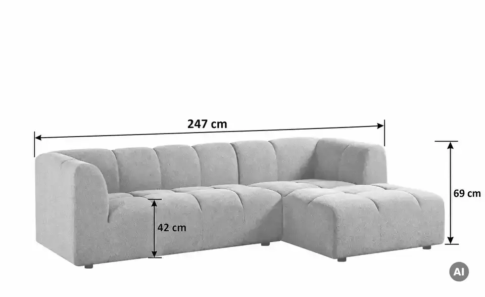 Ecksofa Vilda in moderner Bubble Optik, Bemaßung