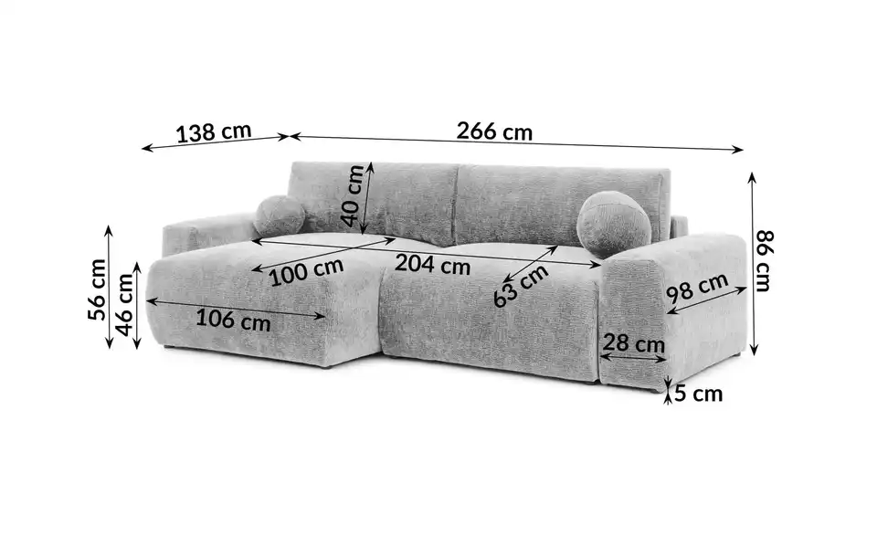 S-STYLE Ecksofa Puffy mit Schlaffunktion, Bemaßung