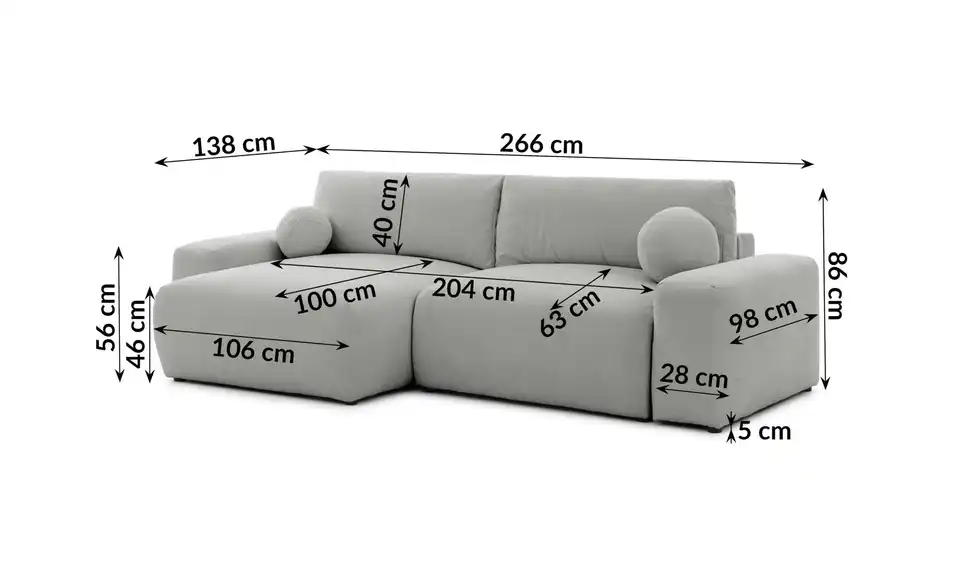 S-STYLE Ecksofa Puffy mit Schlaffunktion, Bemaßung