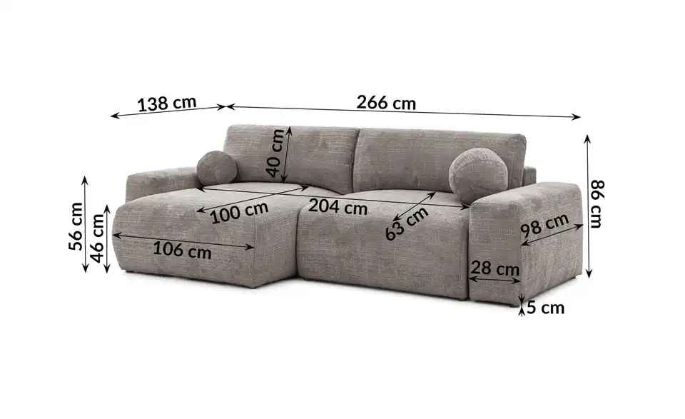 S-STYLE Ecksofa Puffy mit Schlaffunktion, Bemaßung