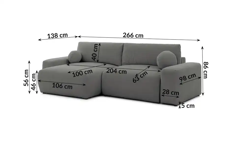 S-STYLE Ecksofa Puffy mit Schlaffunktion, Bemaßung
