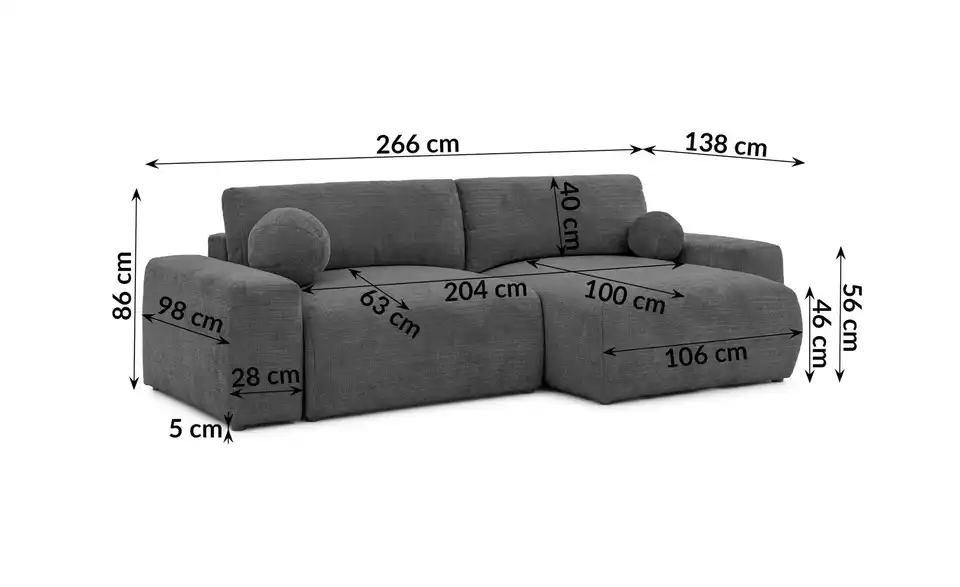 S-STYLE Ecksofa Puffy mit Schlaffunktion, Bemaßung