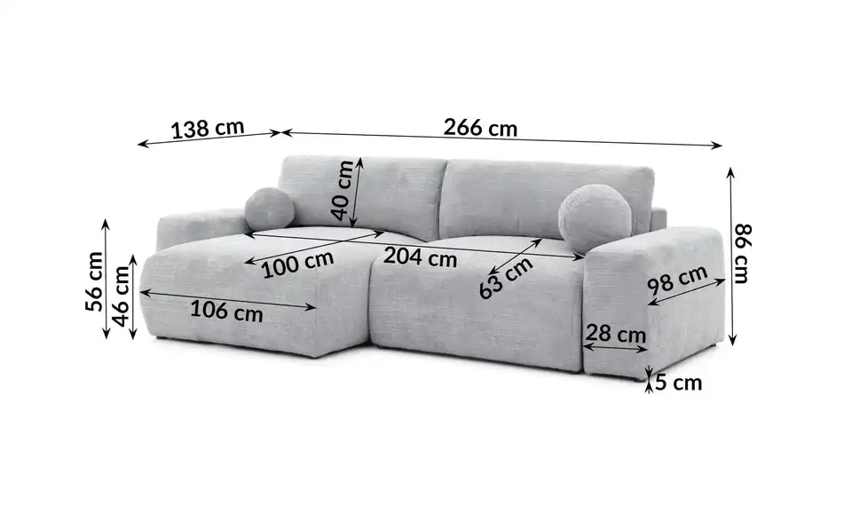 S-STYLE Ecksofa Puffy mit Schlaffunktion, Bemaßung