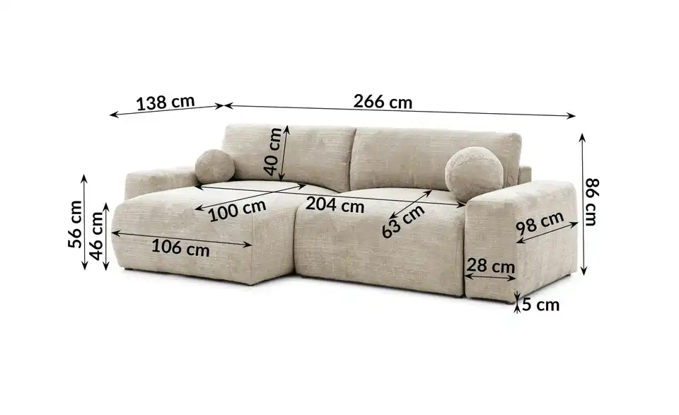 S-STYLE Ecksofa Puffy mit Schlaffunktion, Bemaßung
