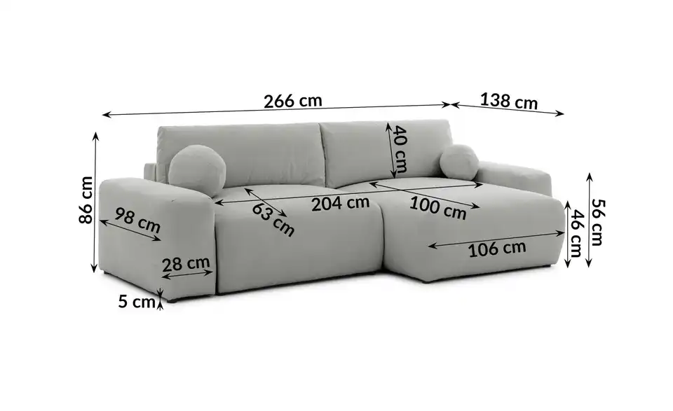 S-STYLE Ecksofa Puffy mit Schlaffunktion, Bemaßung