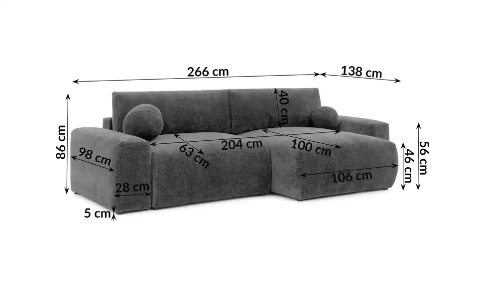 S-STYLE Ecksofa Puffy mit Schlaffunktion, Bemaßung