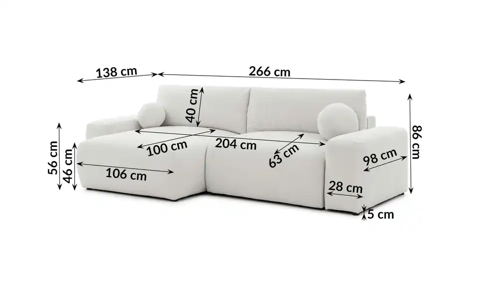S-STYLE Ecksofa Puffy mit Schlaffunktion, Bemaßung
