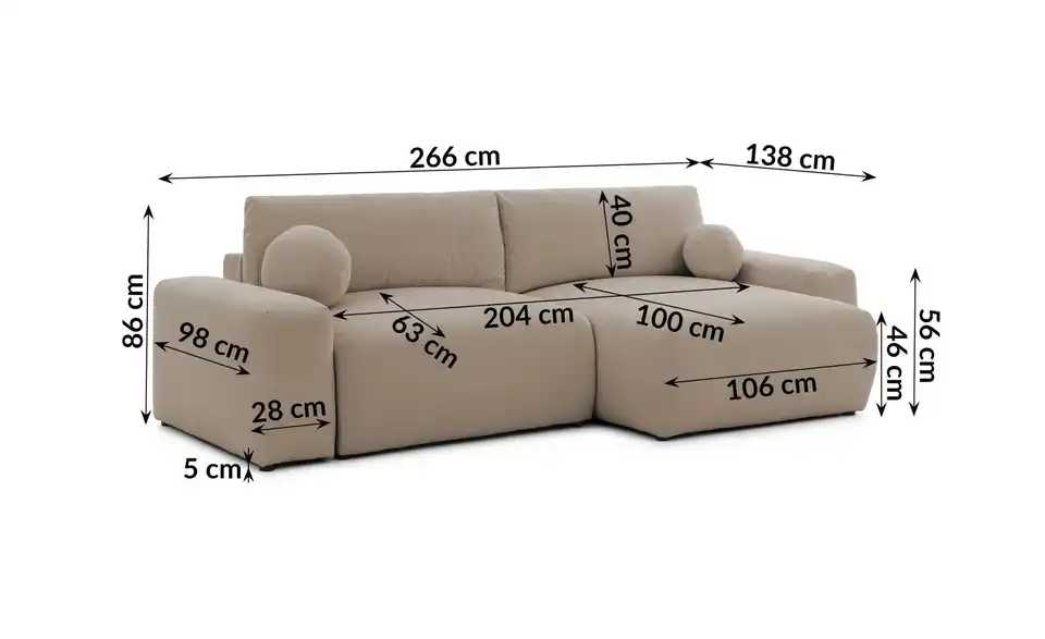 S-STYLE Ecksofa Puffy mit Schlaffunktion, Bemaßung