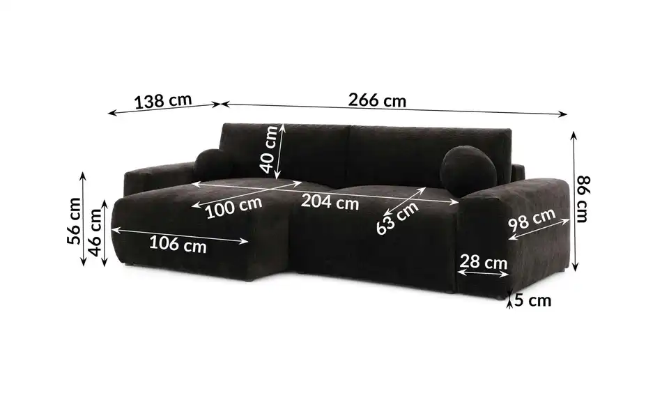 S-STYLE Ecksofa Puffy mit Schlaffunktion, Bemaßung