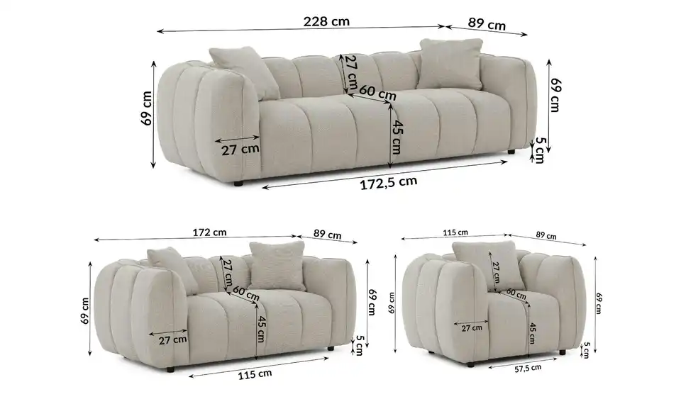 S-STYLE Polstergarnitur 3+2+1 Nubira, Bemaßung