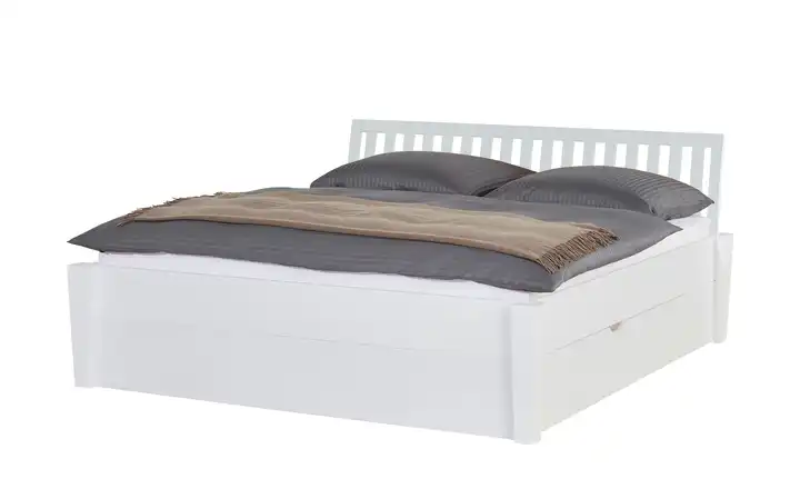 Timber Massivholz-Bettgestell mit Bettkasten Timber Weiß, Buche 160 cm Kopfteil: Ziersprossen längs eckig 2 Bettschubkästen