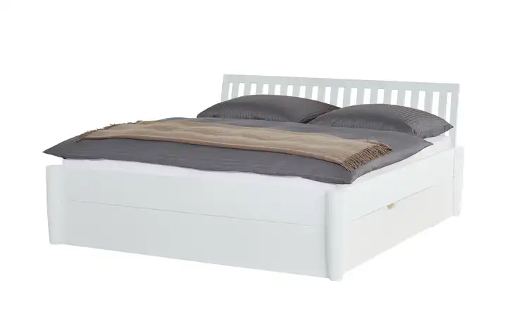 Timber Massivholz-Bettgestell mit Bettkasten Timber Weiß, Buche 160 cm Kopfteil: Ziersprossen längs rund 2 Bettschubkästen