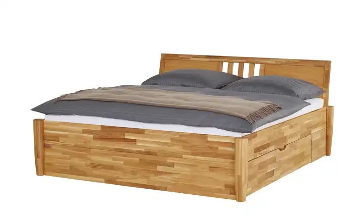 Timber Massivholz-Bettgestell mit Bettkasten Timber Wildeiche, Eiche 160 cm Kopfteil: Ziersprossen mittig rund 2 Bettschubkästen