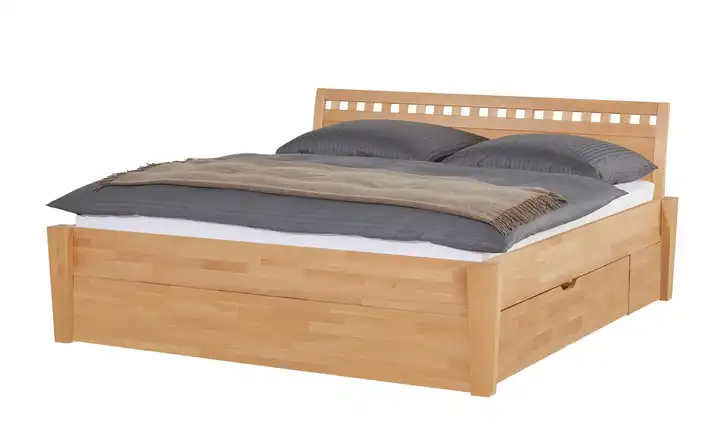 Timber Massivholz-Bettgestell mit Bettkasten Timber Buche 200 cm Kopfteil: Ziersprossen klein eckig 2 Bettschubkästen