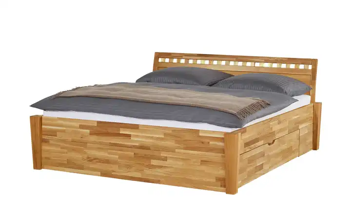 Timber Massivholz-Bettgestell mit Bettkasten Timber Wildeiche, Eiche 200 cm Kopfteil: Ziersprossen klein eckig 2 Bettschubkästen