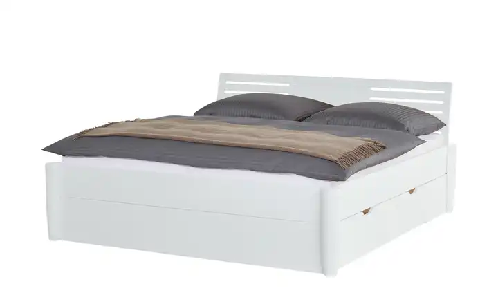 Timber Massivholz-Bettgestell mit Bettkasten Timber Weiß, Buche 140 cm Kopfteil: Ziersprossen seitlich rund 4 Bettschubkästen