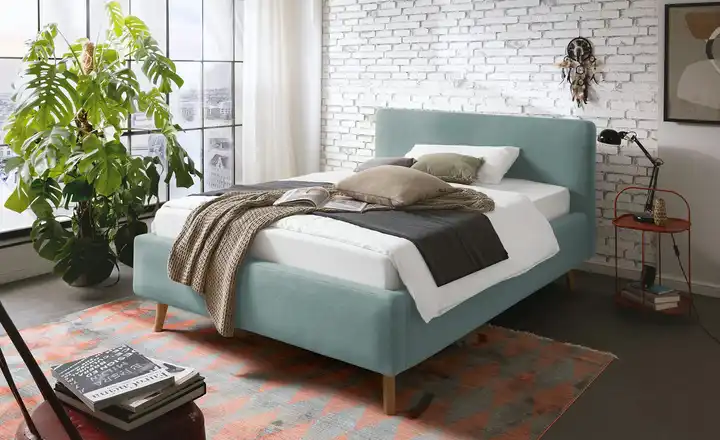 Polsterbett Eisblau Webstoff fein 140 cm ohne Bettkasten