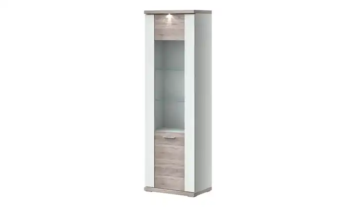 Primo Vitrine  Titan Weiß, Eiche sägerau (Nachbildung) rechts Spotbeleuchtung