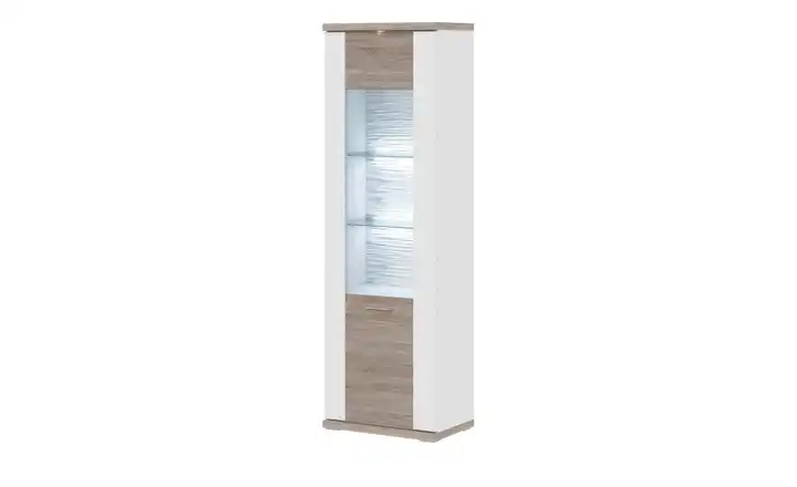 Primo Vitrine  Titan Weiß, Eiche sägerau (Nachbildung) rechts Spot- und Glaskantenbeleuchtung