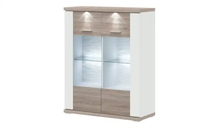 Primo Highboard  Titan Weiß, Eiche sägerau (Nachbildung) Spot- und Glaskantenbeleuchtung