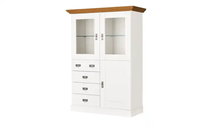maison bleue Highboard Florian Weiß, Braun Türen mit Glaseinsatz